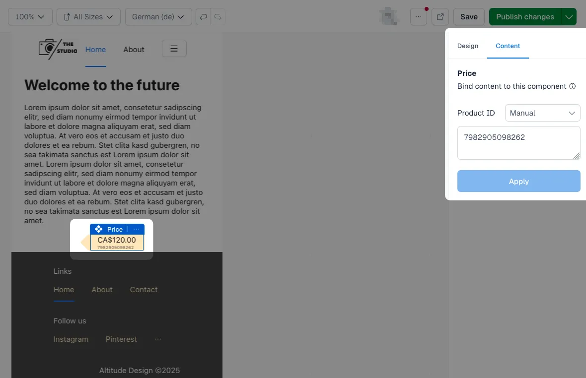 Product component in canvas view