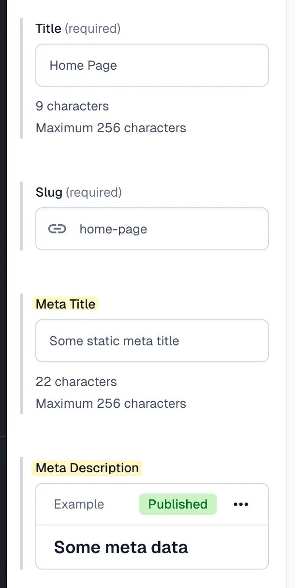 Content model fields in editor view with example values