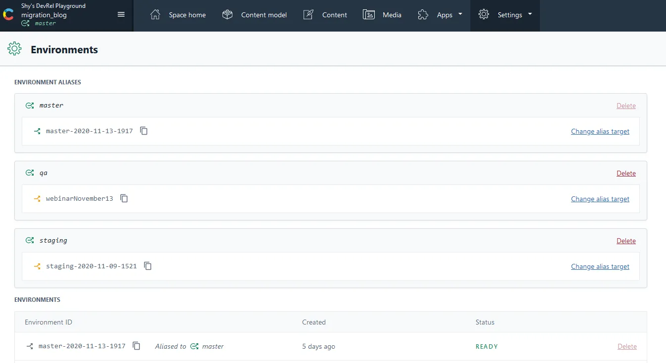 Example image of multiple enviornment aliases